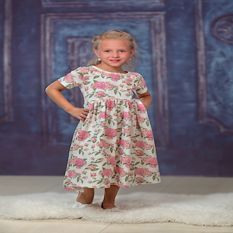 Rose Design Organic Cotton Girls Twirl Dress 2Y-10Y short sleeve 
